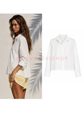 Cottagecore | Workshop Republic White Eyelet Cotton Button Up | Scalloped Hem L